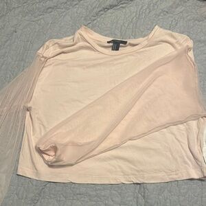 Forever 21 Tan Asymmetrical Sheer Long Sleeve Crop Top